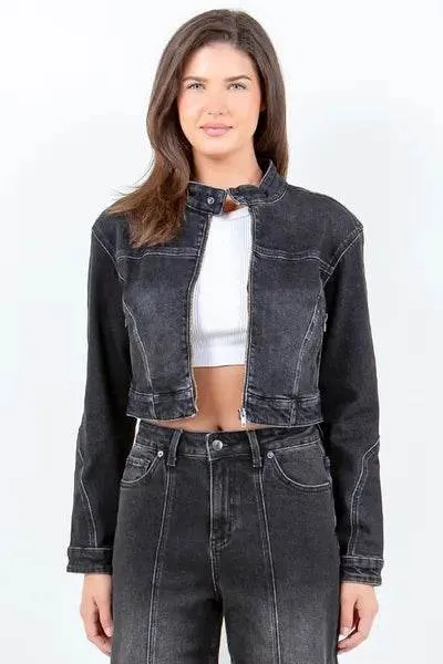 American Bazi Zip Up Cropped Denim Rider Jacket