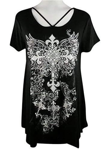 Big Bang Clothing - Ancient Cross, Cap Sleeve, Scoop Neck Rhinestone Print Top