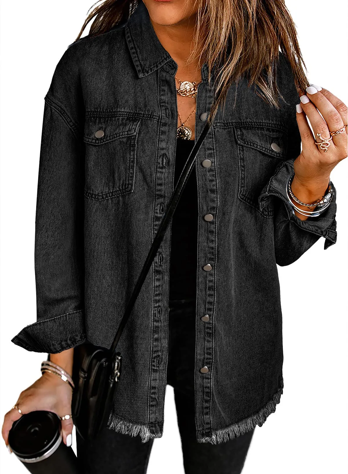 Black Long Sleeve Women's Oversized Denim Jacket Casual Long Boyfriend Distresse Jean Jacket Autumn Spring - Dokotoo