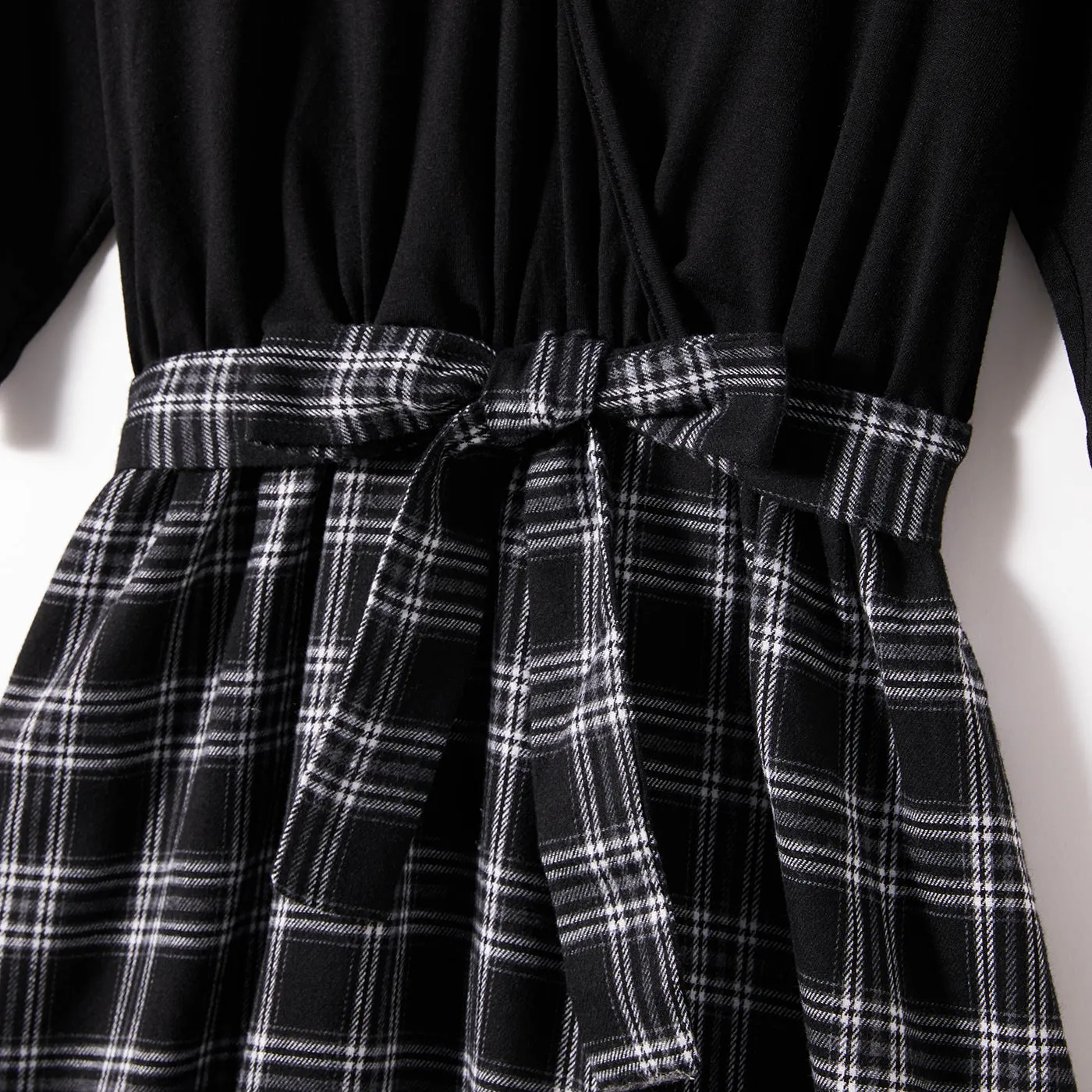 Black Plaid Splicing Black Short Sleeve Dress for Mom and Me