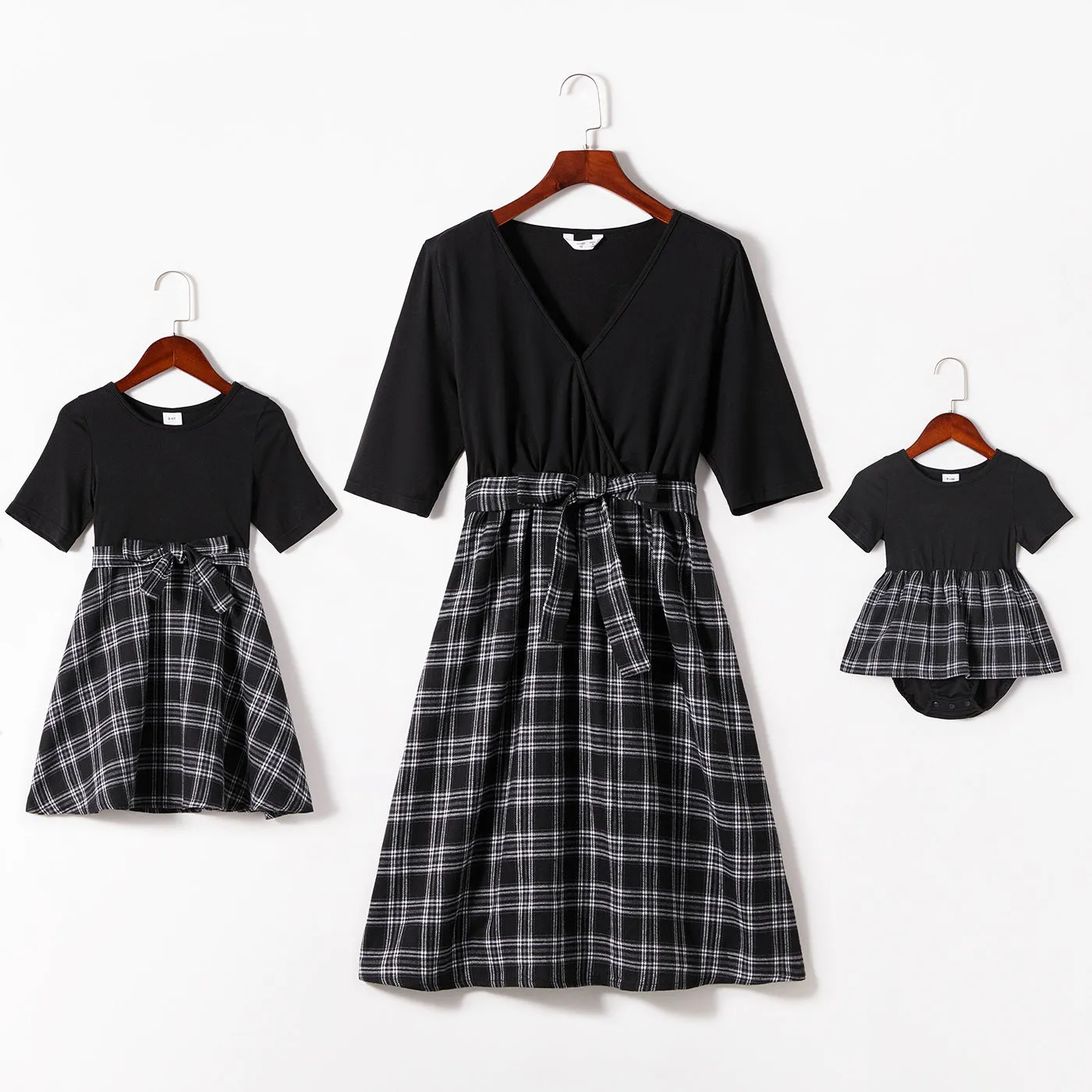 Black Plaid Splicing Black Short Sleeve Dress for Mom and Me