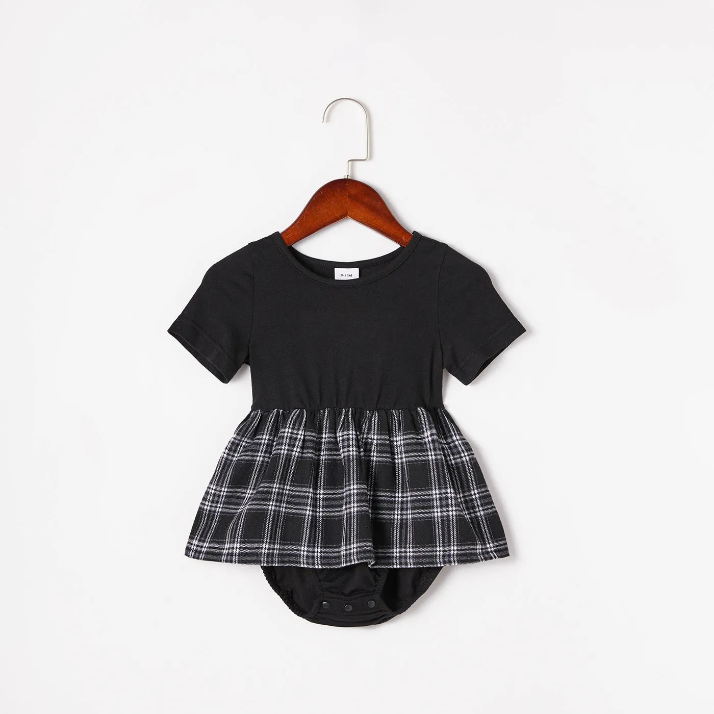 Black Plaid Splicing Black Short Sleeve Dress for Mom and Me