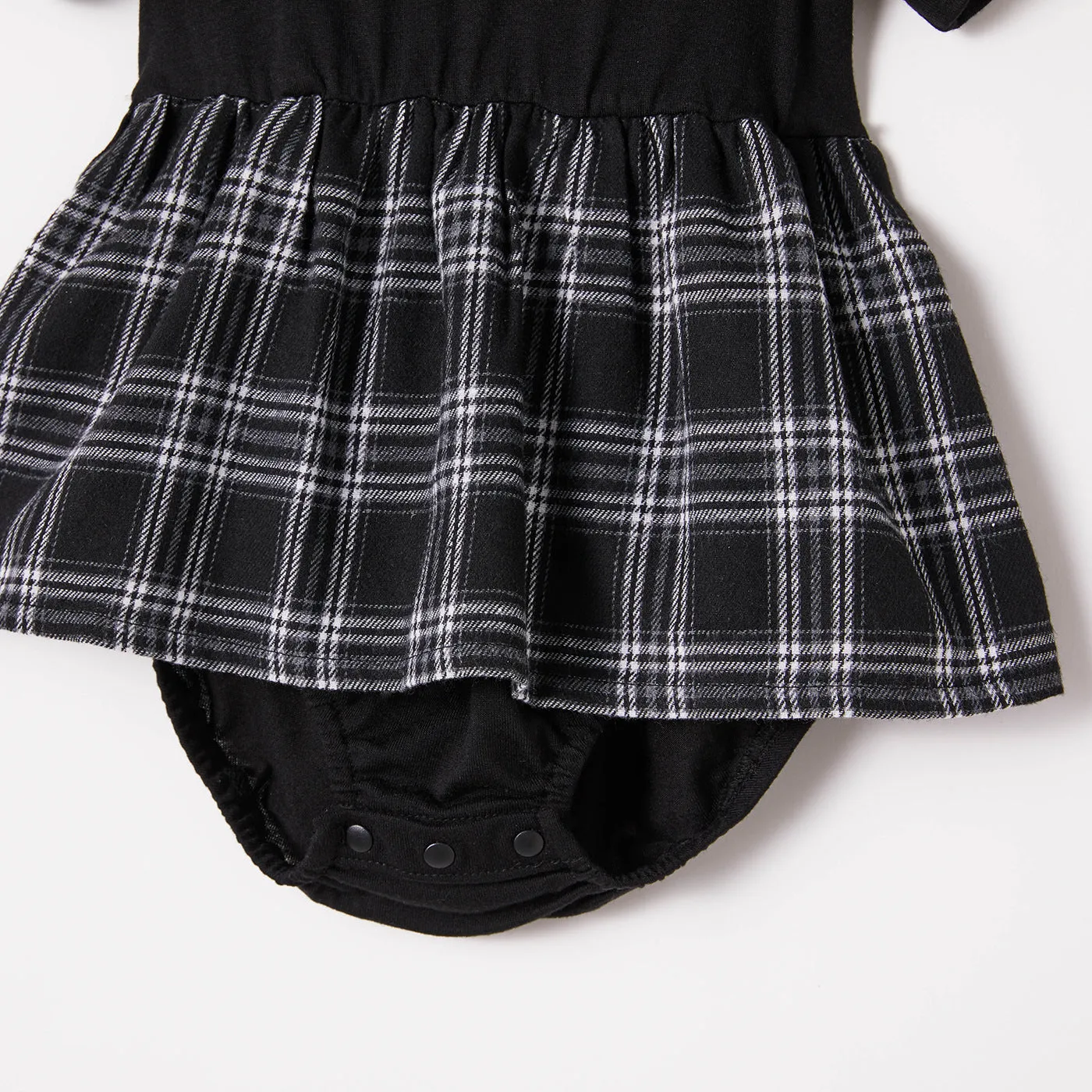 Black Plaid Splicing Black Short Sleeve Dress for Mom and Me