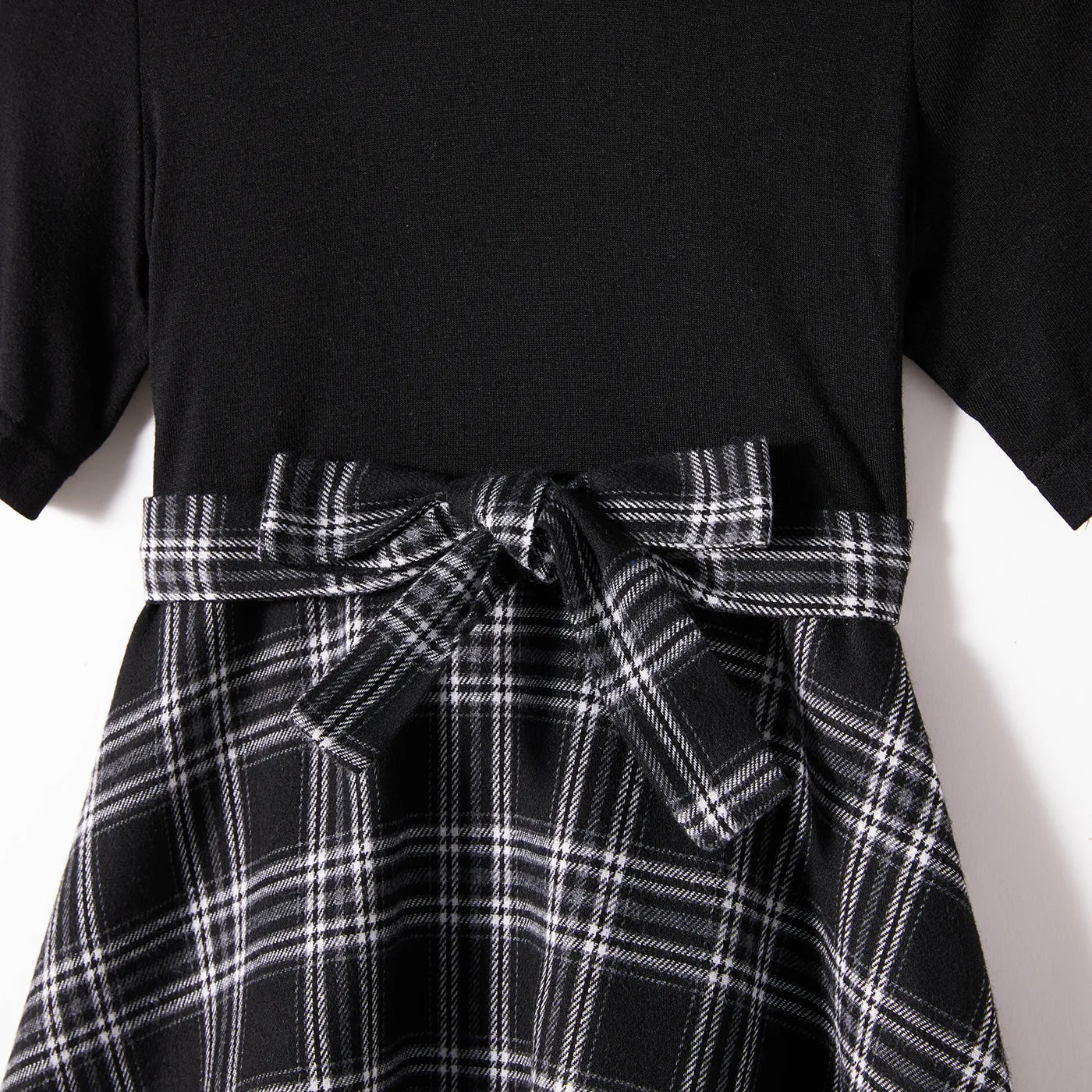 Black Plaid Splicing Black Short Sleeve Dress for Mom and Me