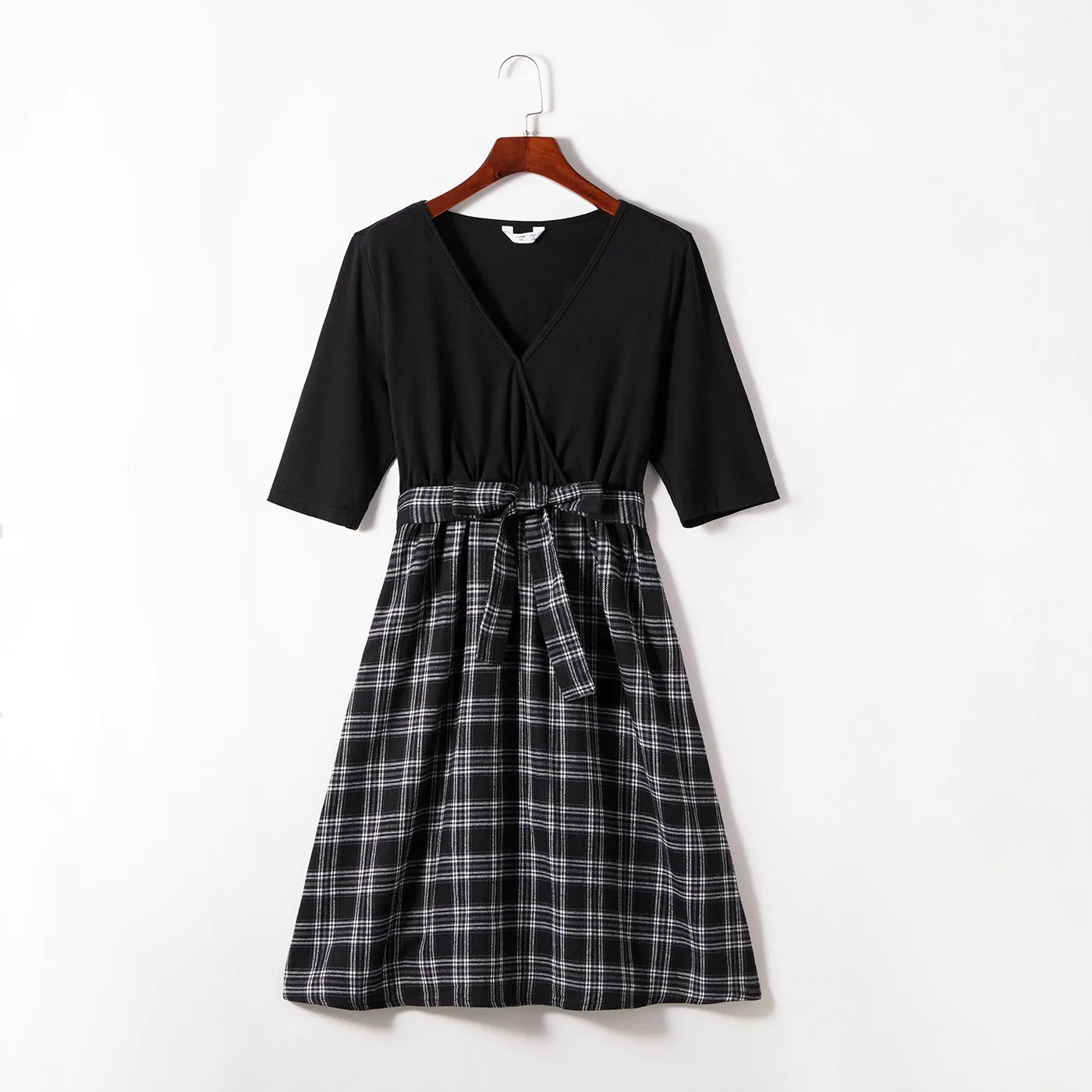 Black Plaid Splicing Black Short Sleeve Dress for Mom and Me