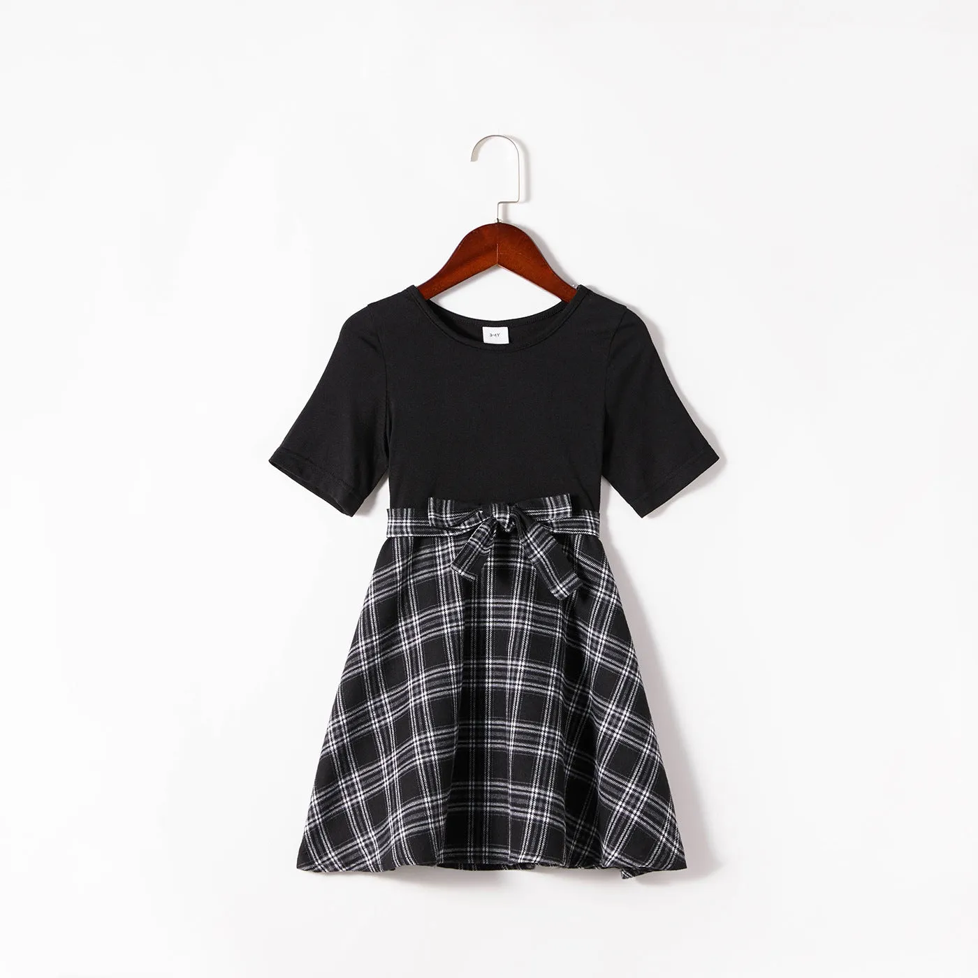 Black Plaid Splicing Black Short Sleeve Dress for Mom and Me