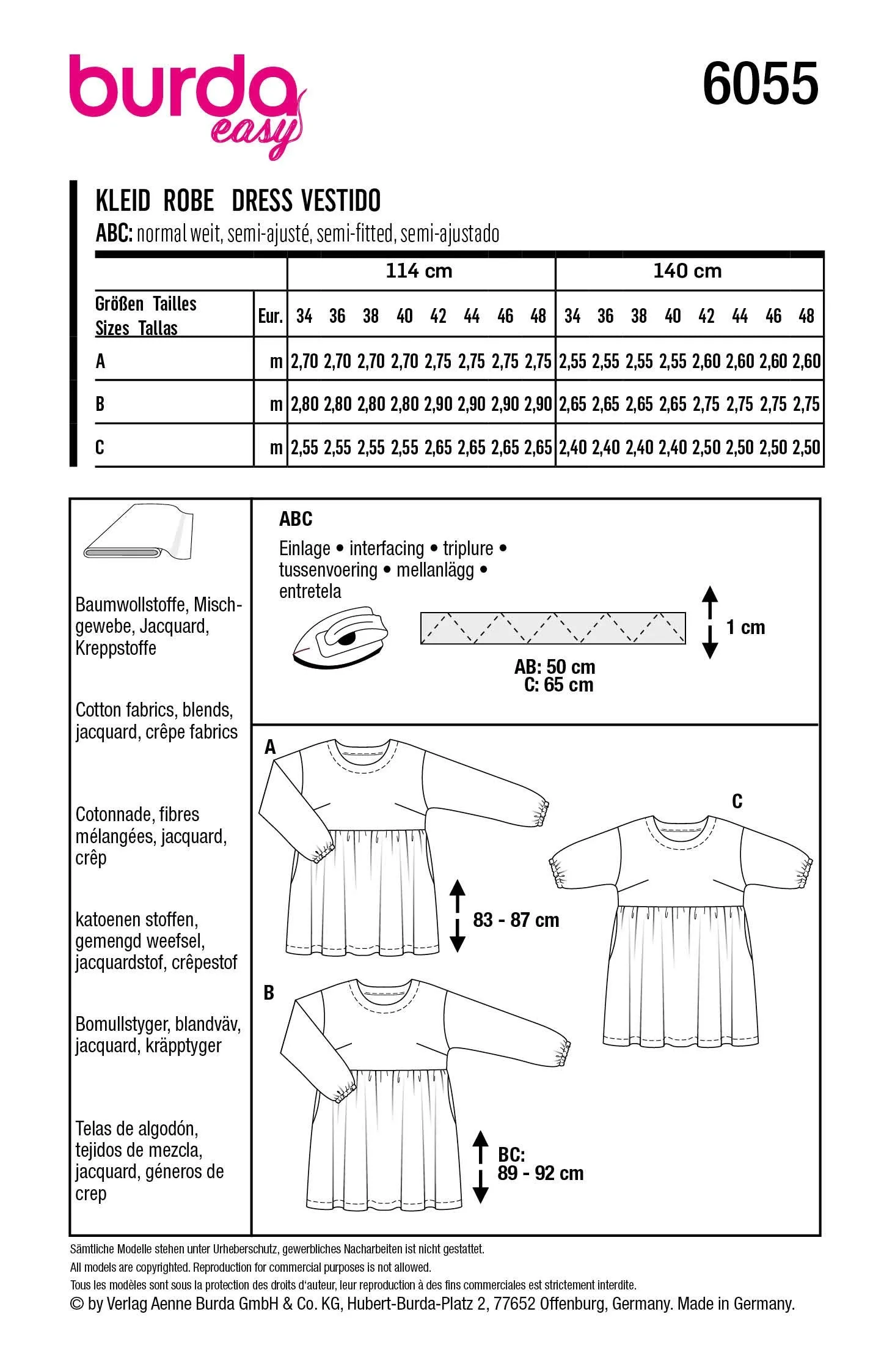 Burda Sewing Pattern 6055 Dress with Gathered Skirt