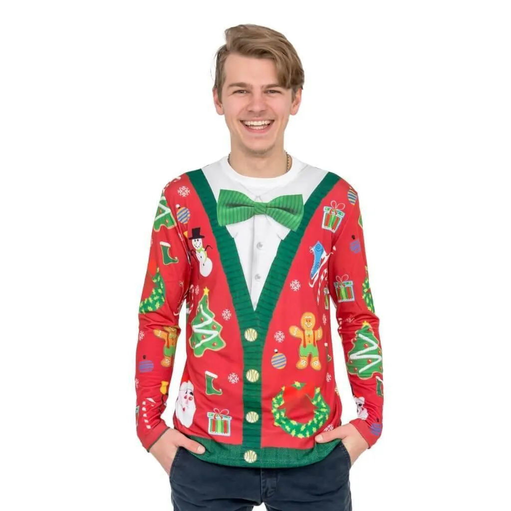 Christmas Cardigan with Bow Tie Ugly T-Shirt