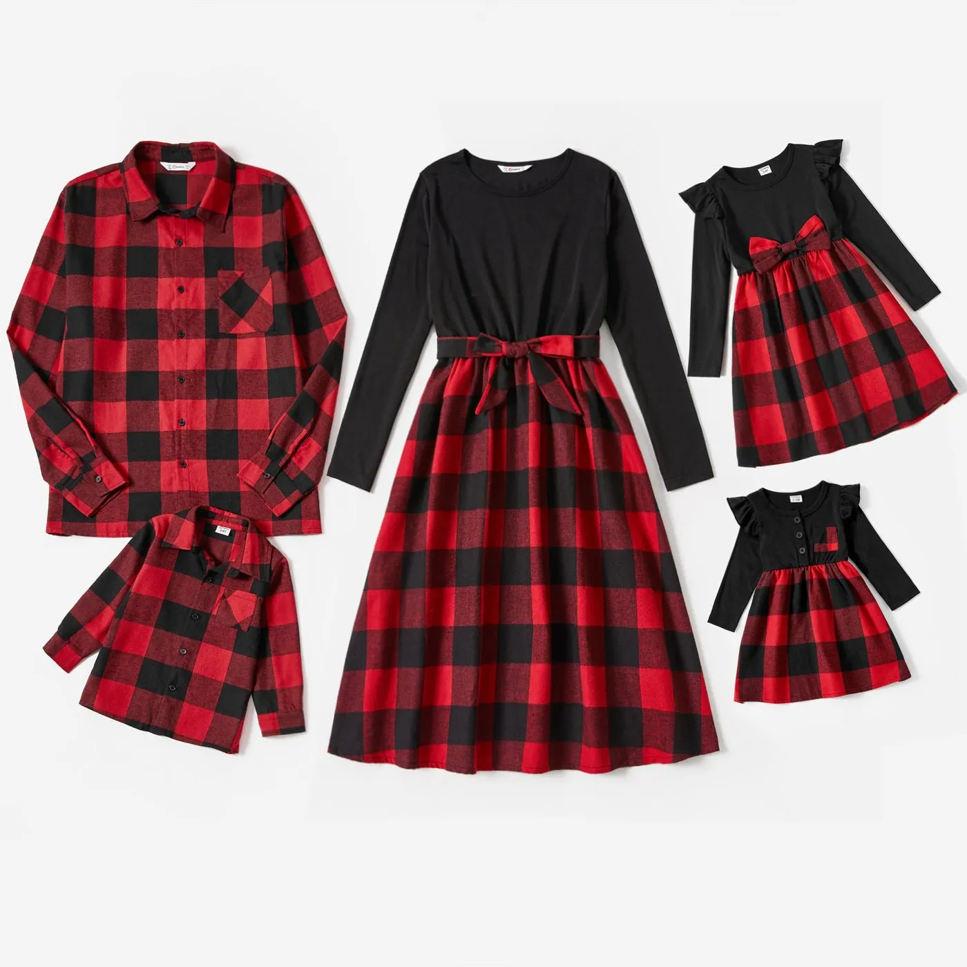 Christmas Red Plaid Splicing Black Long-sleeve Dresses and Shirts Sets