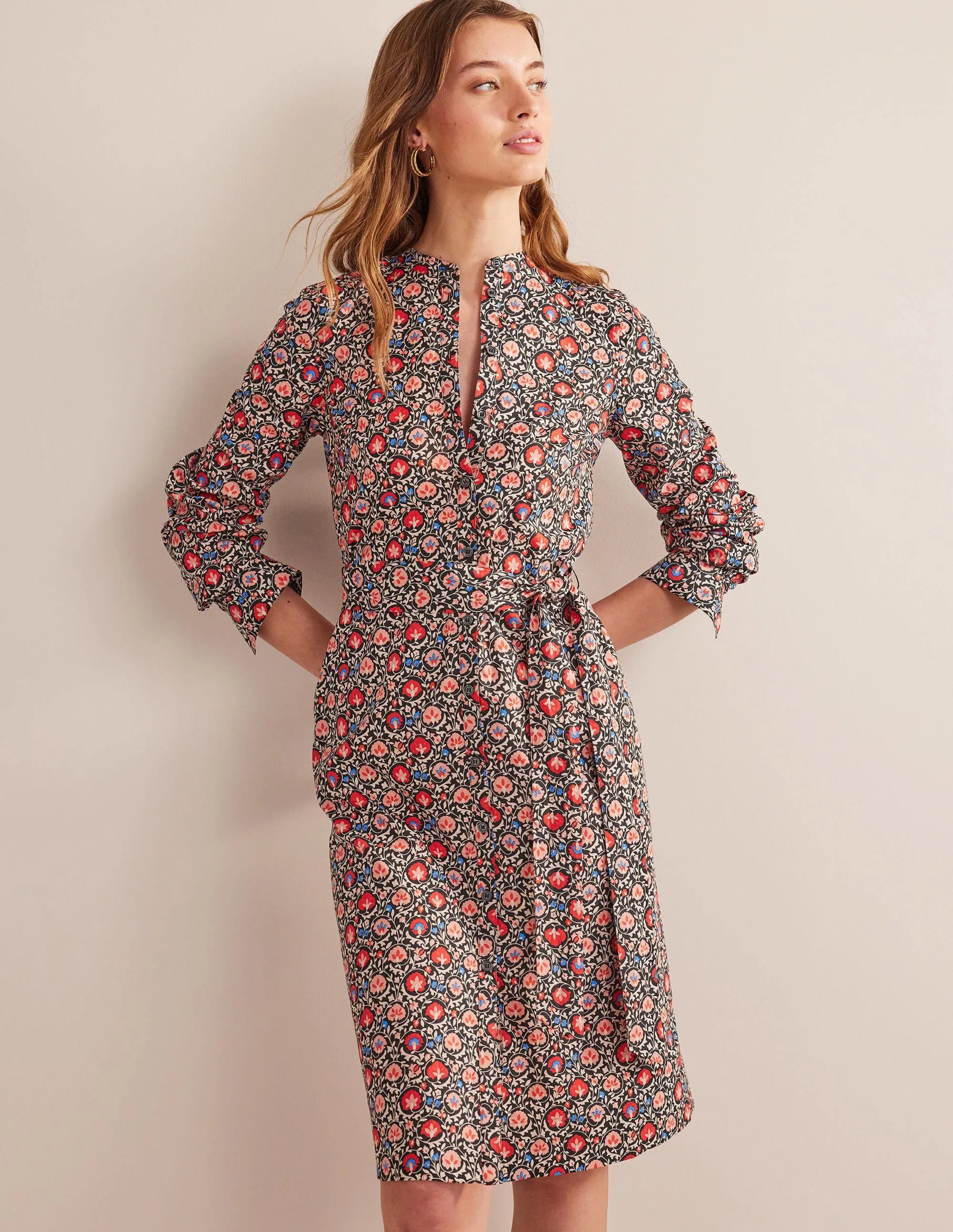 Collarless Midi Shirt Dress-Poinsettia, Enchanting Bloom