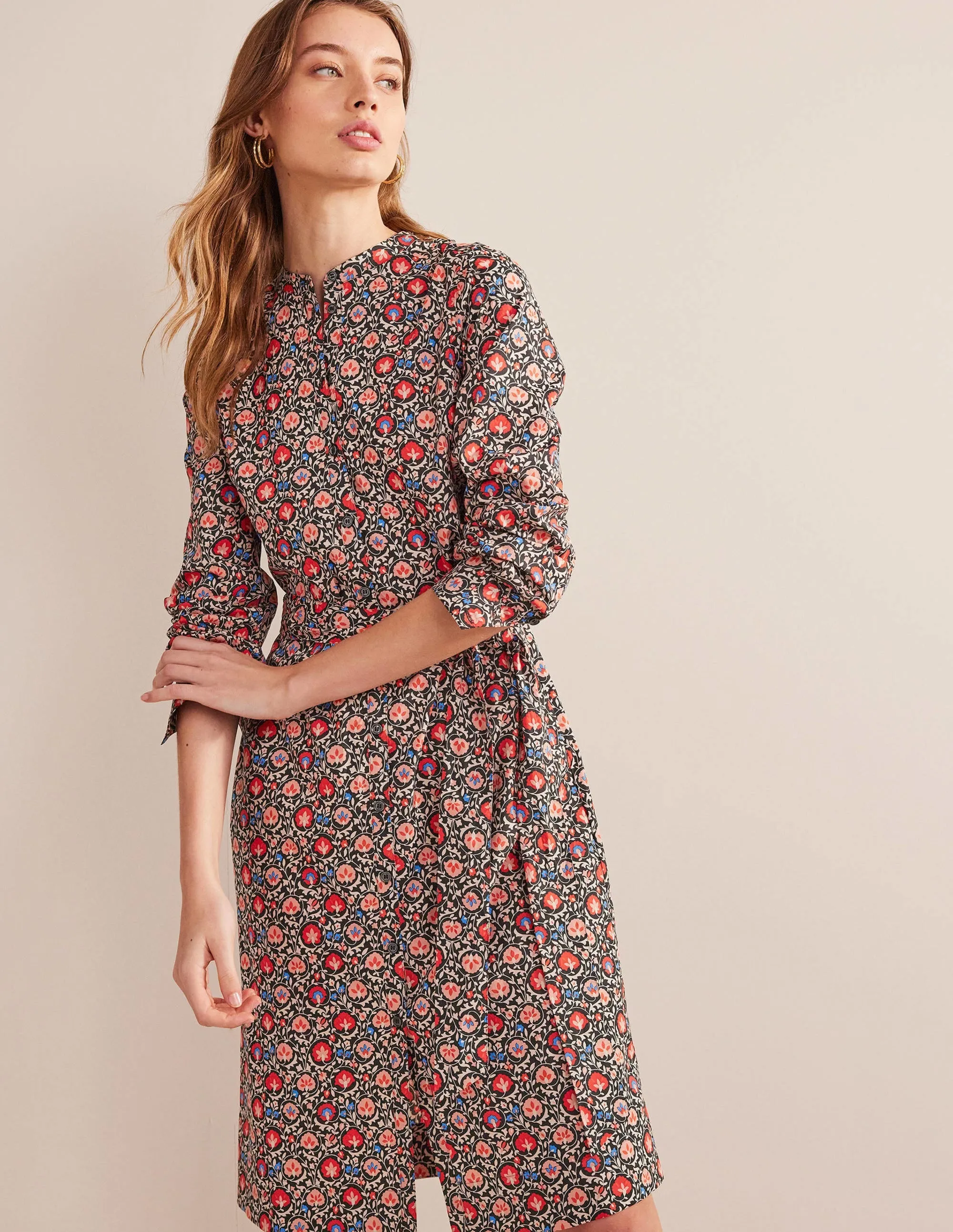 Collarless Midi Shirt Dress-Poinsettia, Enchanting Bloom