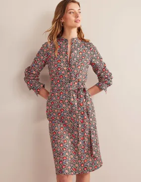 Collarless Midi Shirt Dress-Poinsettia, Enchanting Bloom