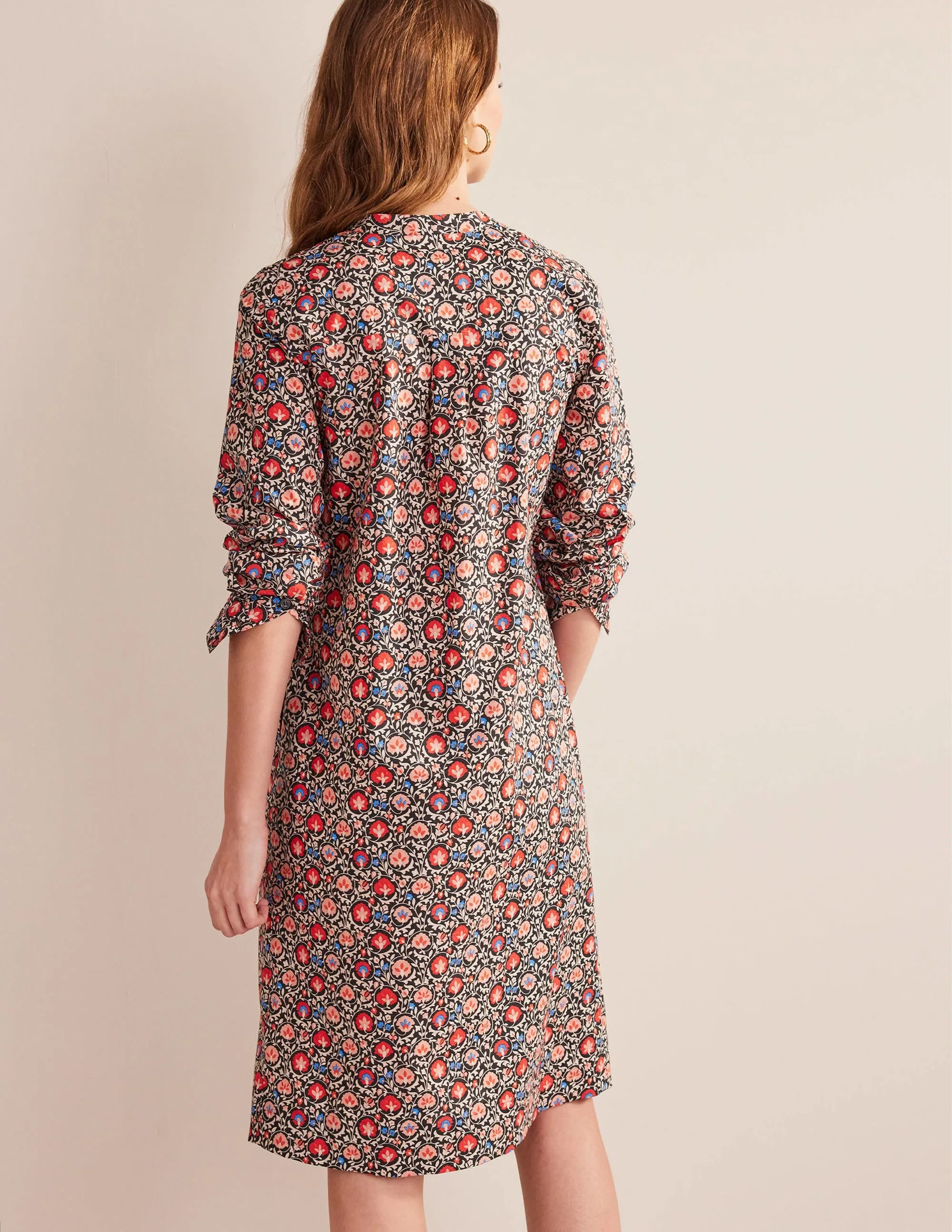 Collarless Midi Shirt Dress-Poinsettia, Enchanting Bloom