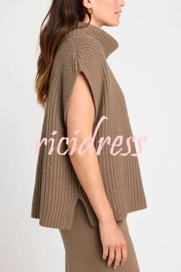 Comfortable and Luxe Knit TurtleNeck Cap Sleeves Lightweight Sweater