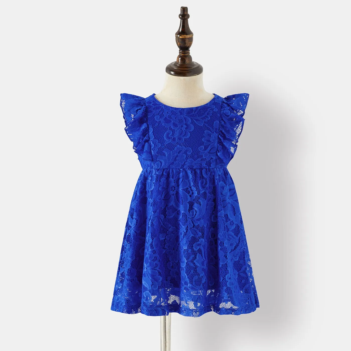 Family Matching Blue Lace Halter Sleeveless Dresses and Colorblock Short-sleeve Polo Shirts Sets