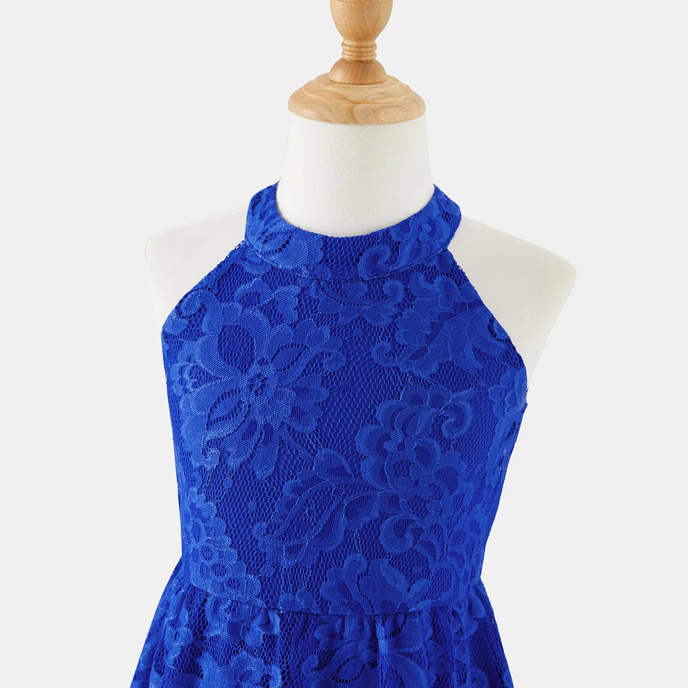 Family Matching Blue Lace Halter Sleeveless Dresses and Colorblock Short-sleeve Polo Shirts Sets