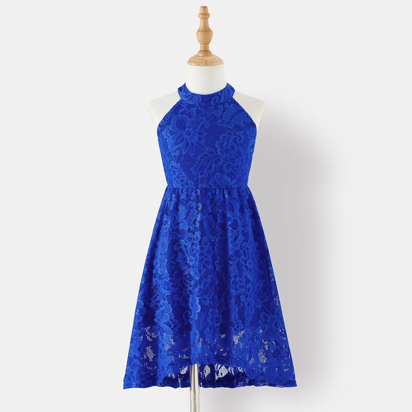 Family Matching Blue Lace Halter Sleeveless Dresses and Colorblock Short-sleeve Polo Shirts Sets