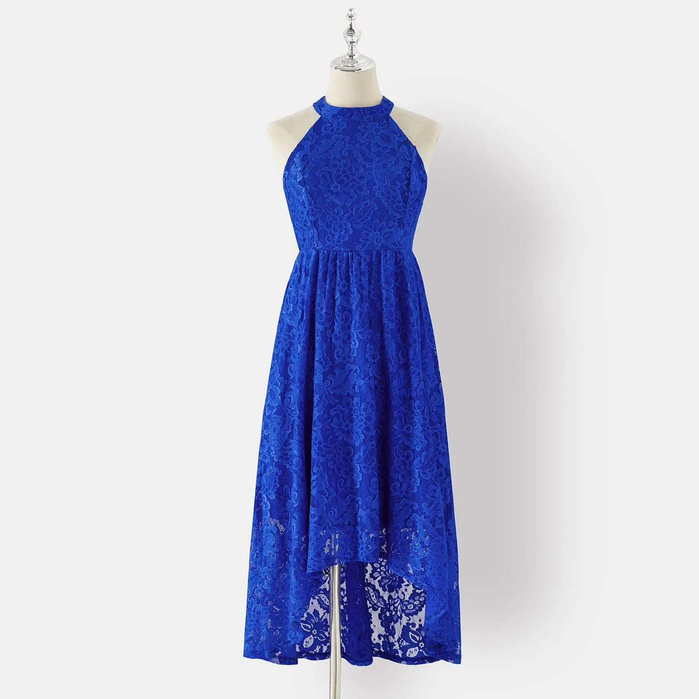 Family Matching Blue Lace Halter Sleeveless Dresses and Colorblock Short-sleeve Polo Shirts Sets