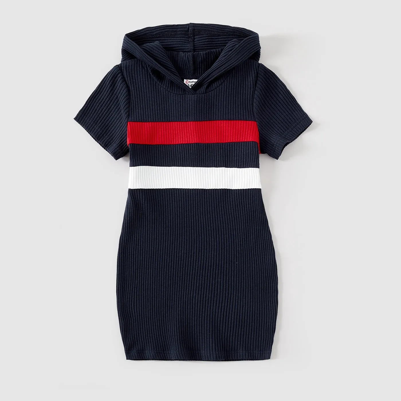 Family Matching Colorblock Ribbed Hooded Bodycon Dresses and Short-sleeve T-shirts Sets