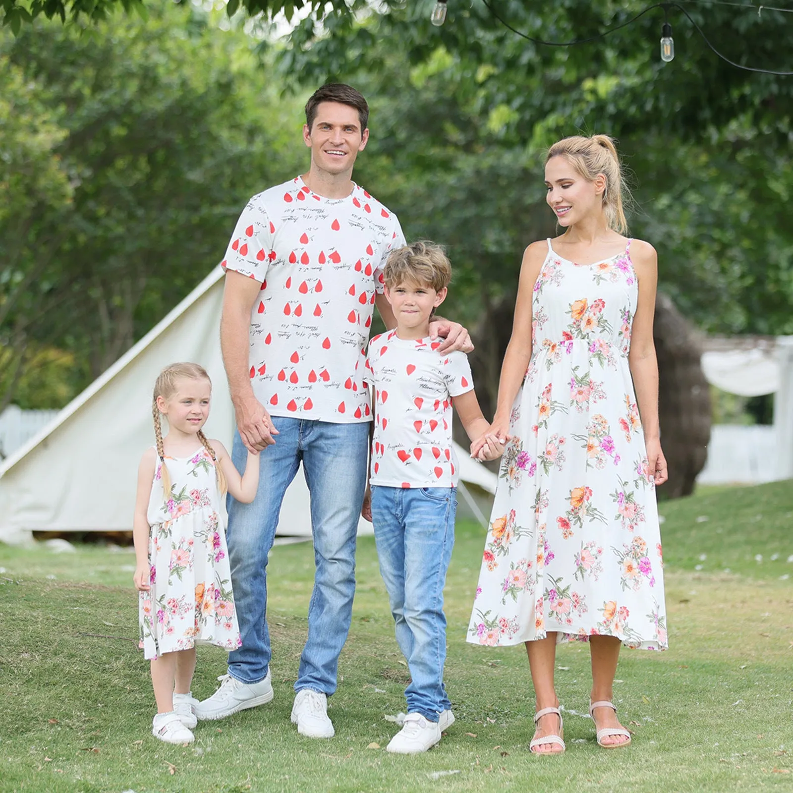 Family Matching Floral and Letter Print Dresses and T-shirts Sets