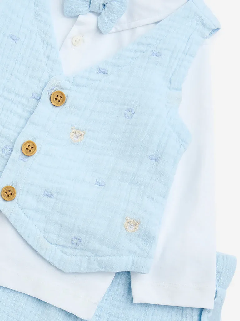 HOP Baby Light Blue Textured Cotton Shirt, Waistcoat, Trousers and Bow Set