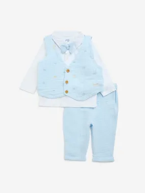 HOP Baby Light Blue Textured Cotton Shirt, Waistcoat, Trousers and Bow Set