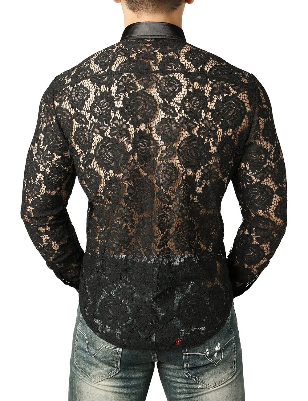 JOGAL Men's Sexy See Through Lace Clubwear Long Sleeve Button Down C