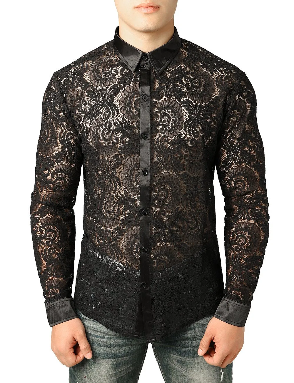 JOGAL Men's Sexy See Through Lace Clubwear Long Sleeve Button Down C