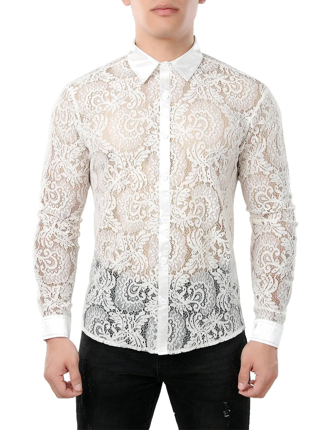 JOGAL Men's Sexy See Through Lace Clubwear Long Sleeve Button Down C