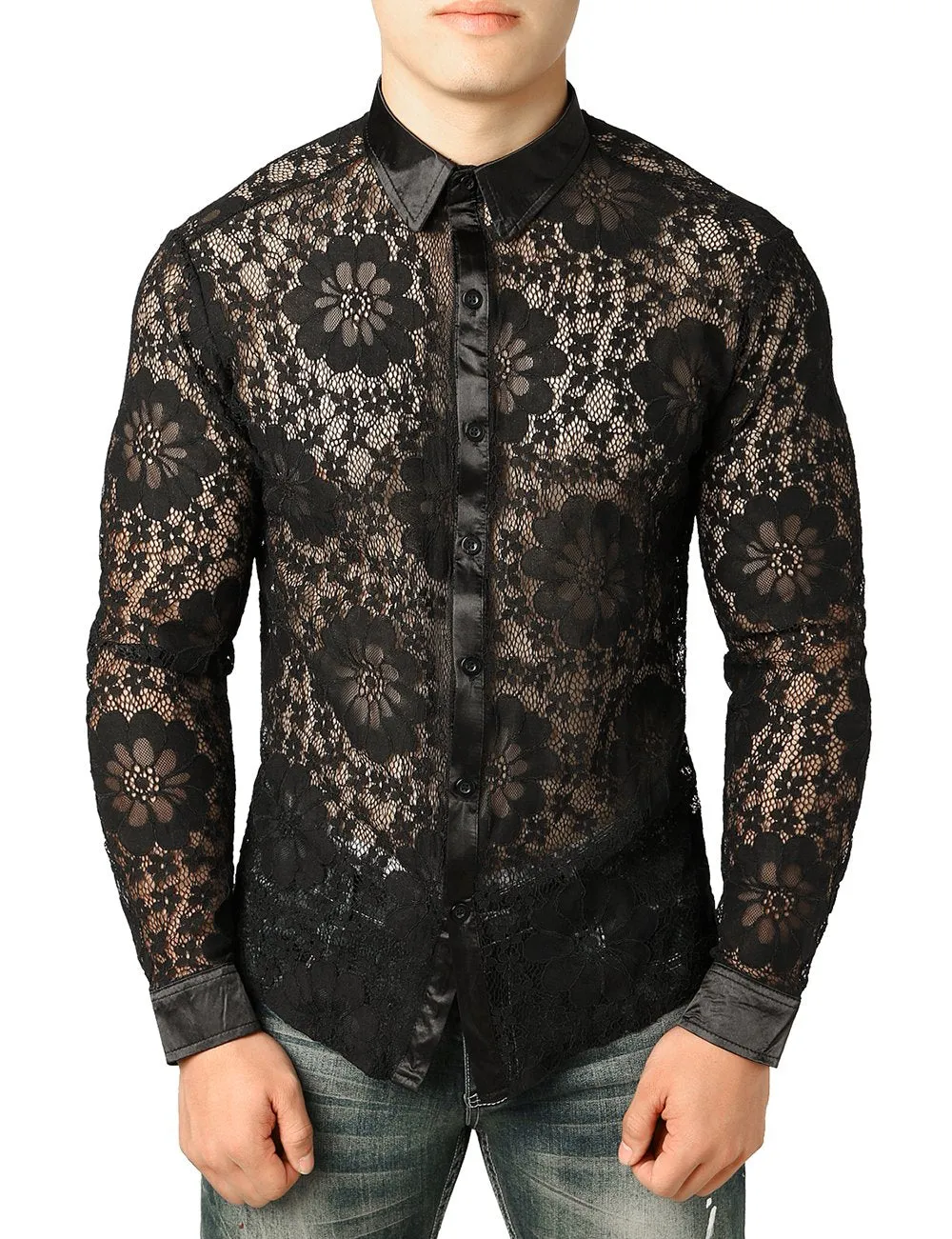 JOGAL Men's Sexy See Through Lace Clubwear Long Sleeve Button Down C