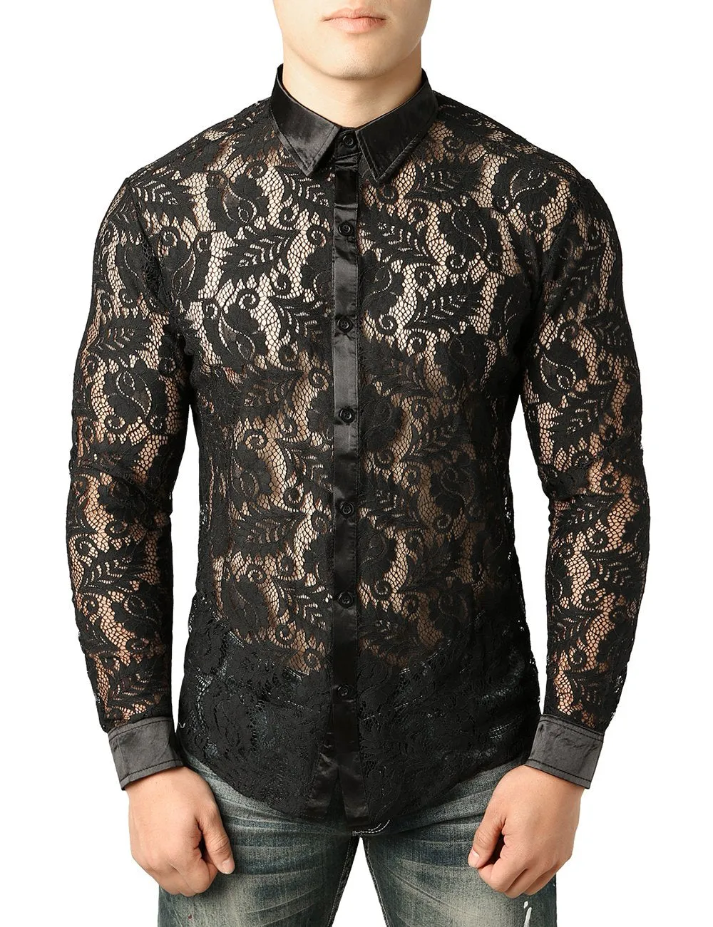 JOGAL Men's Sexy See Through Lace Clubwear Long Sleeve Button Down C