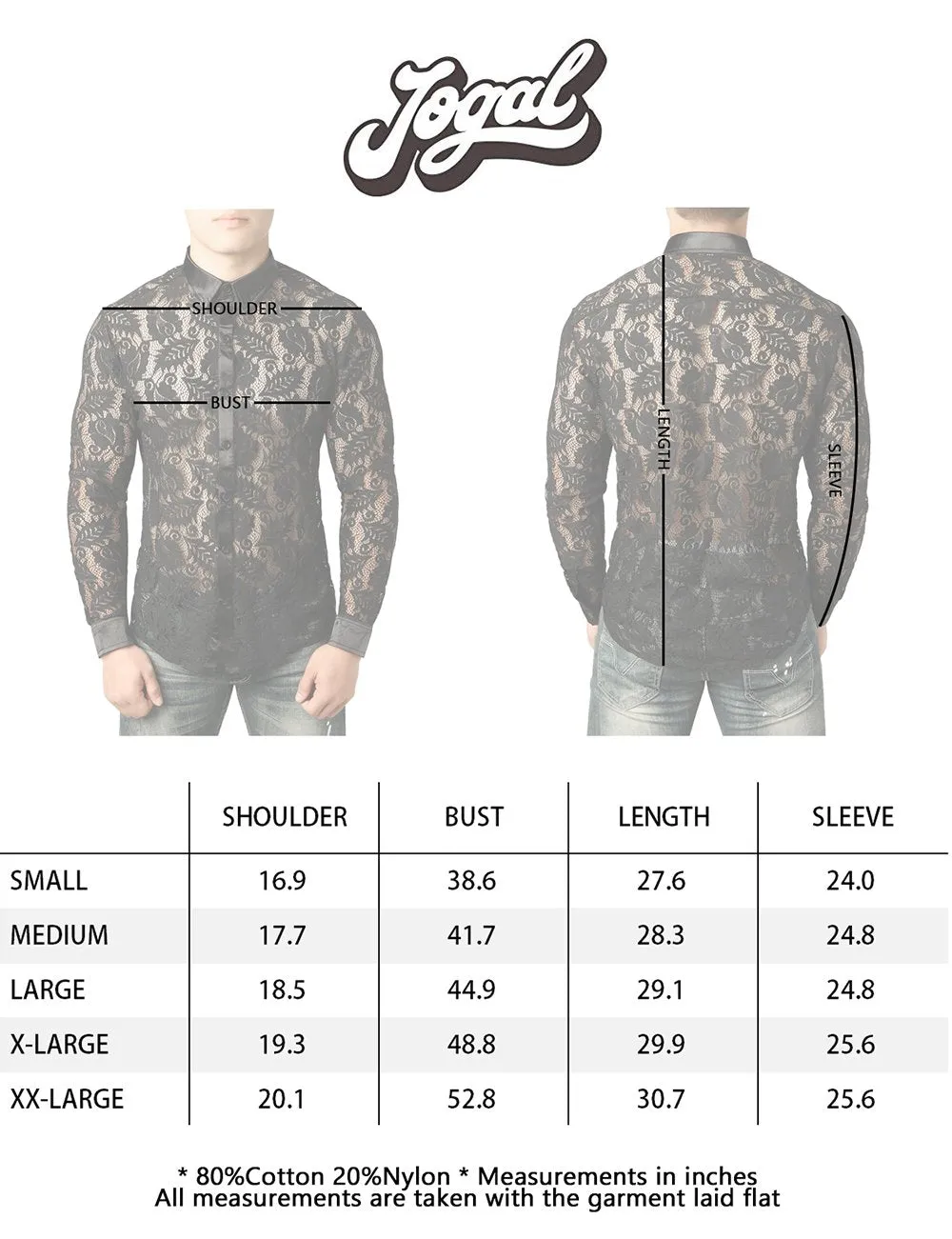 JOGAL Men's Sexy See Through Lace Clubwear Long Sleeve Button Down C