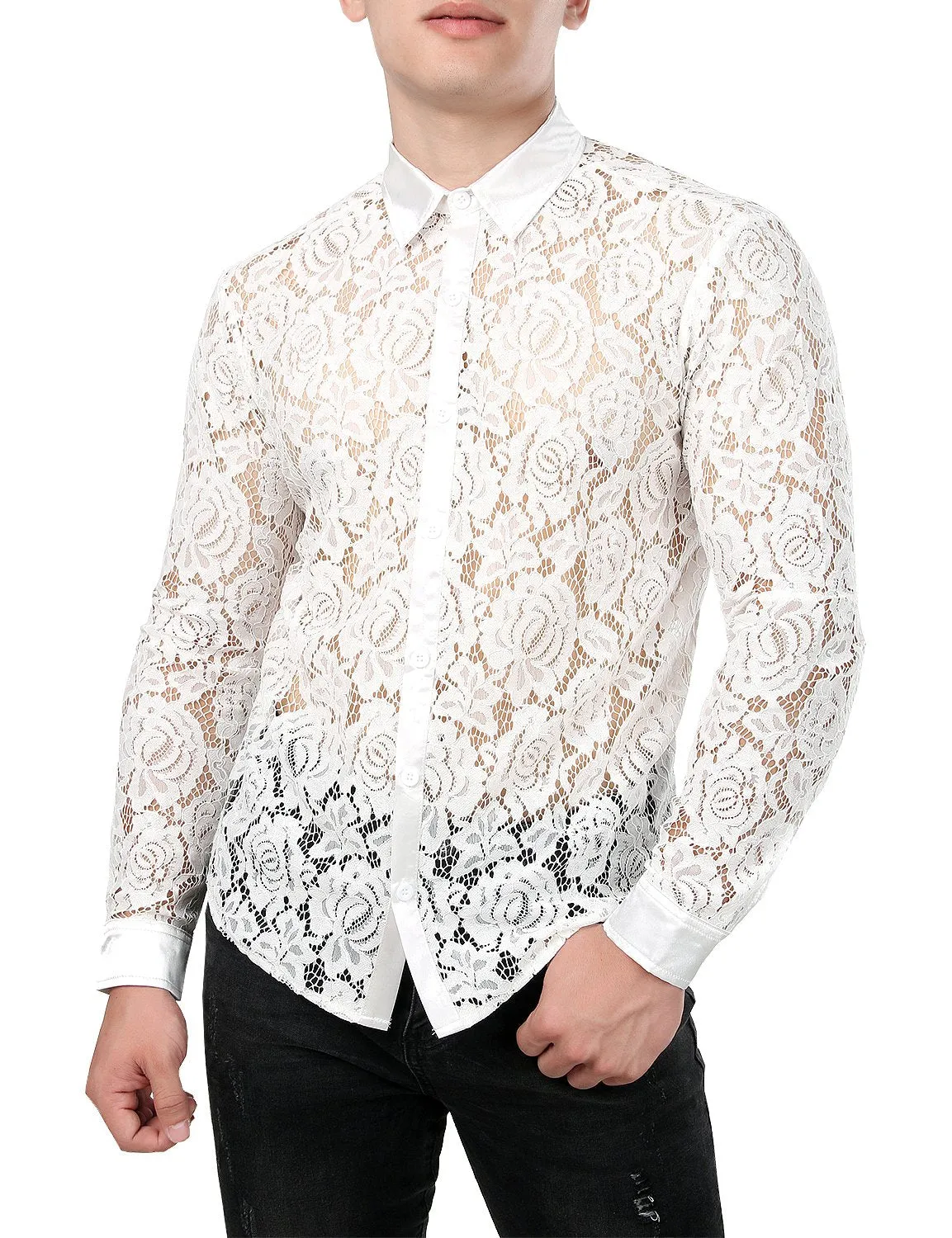 JOGAL Men's Sexy See Through Lace Clubwear Long Sleeve Button Down C