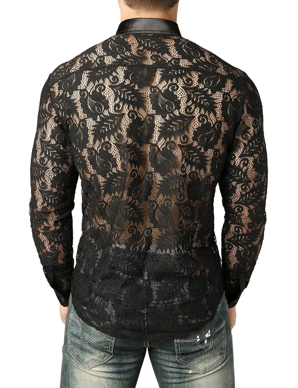 JOGAL Men's Sexy See Through Lace Clubwear Long Sleeve Button Down C