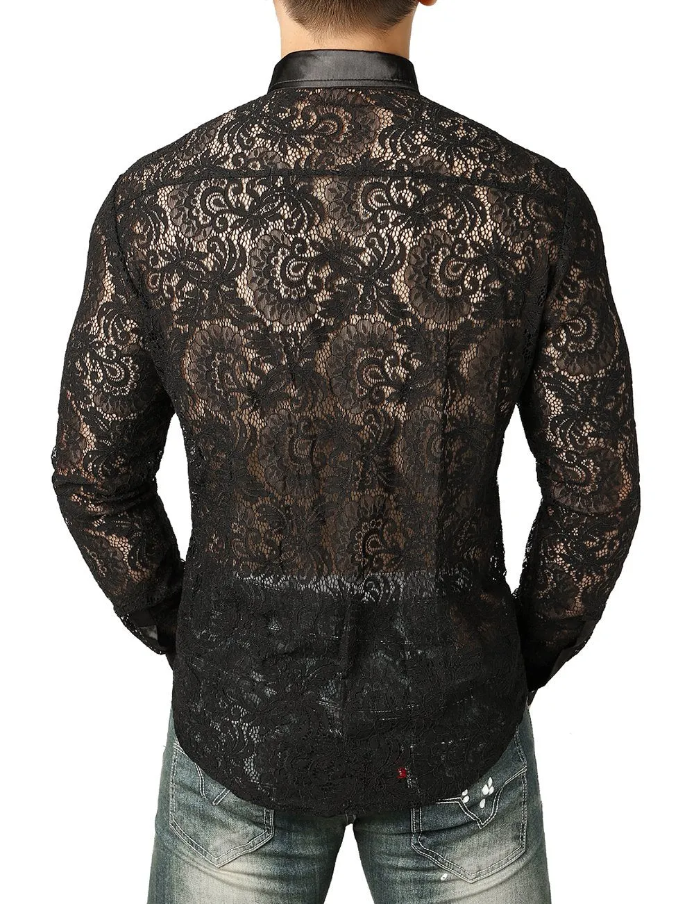 JOGAL Men's Sexy See Through Lace Clubwear Long Sleeve Button Down C