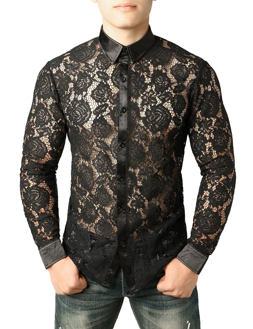 JOGAL Men's Sexy See Through Lace Clubwear Long Sleeve Button Down C