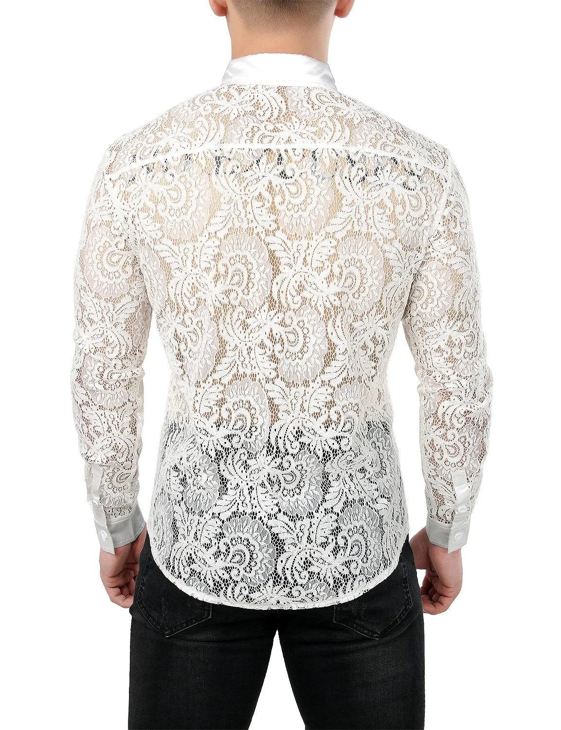 JOGAL Men's Sexy See Through Lace Clubwear Long Sleeve Button Down C