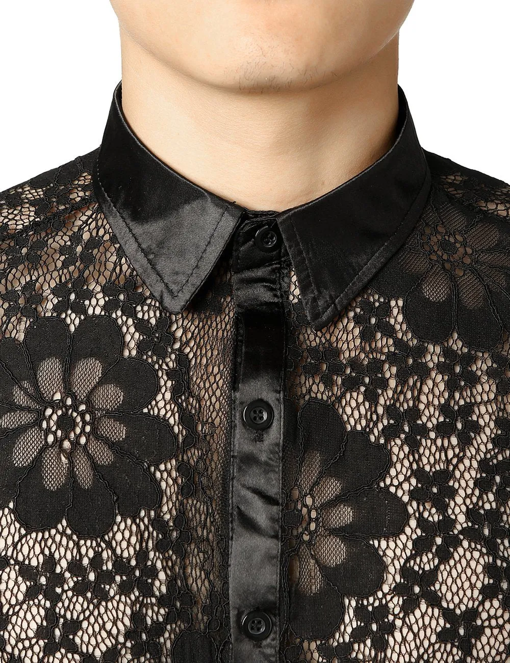 JOGAL Men's Sexy See Through Lace Clubwear Long Sleeve Button Down C