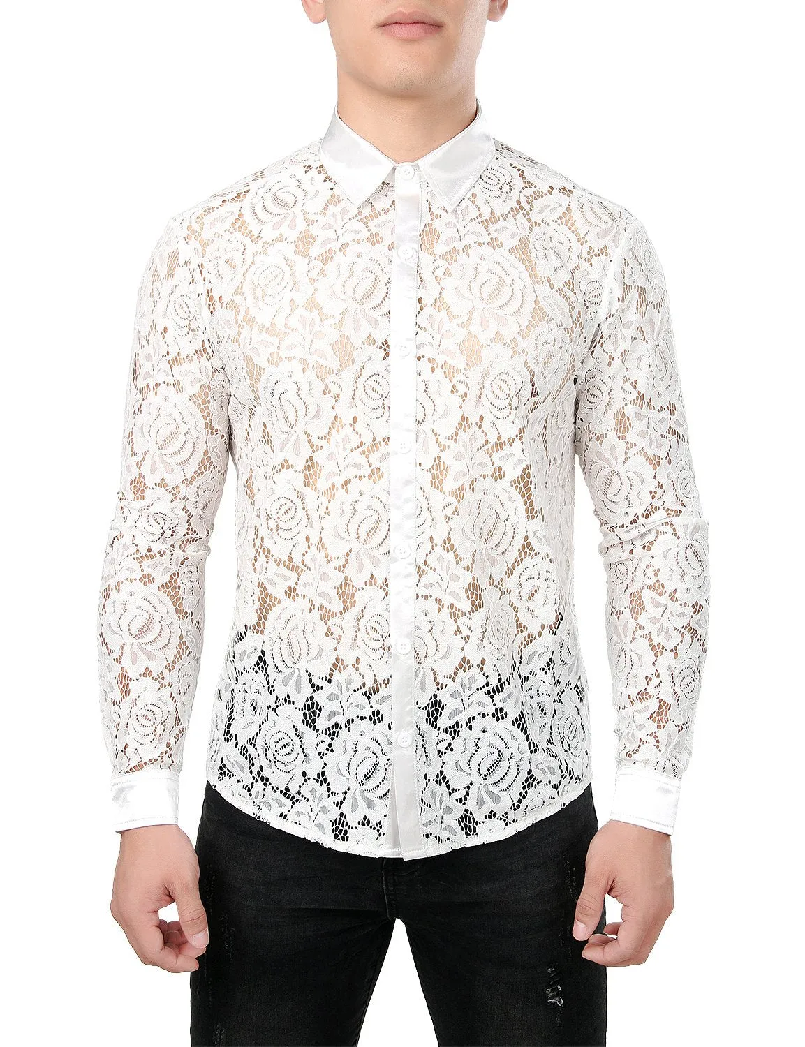 JOGAL Men's Sexy See Through Lace Clubwear Long Sleeve Button Down C