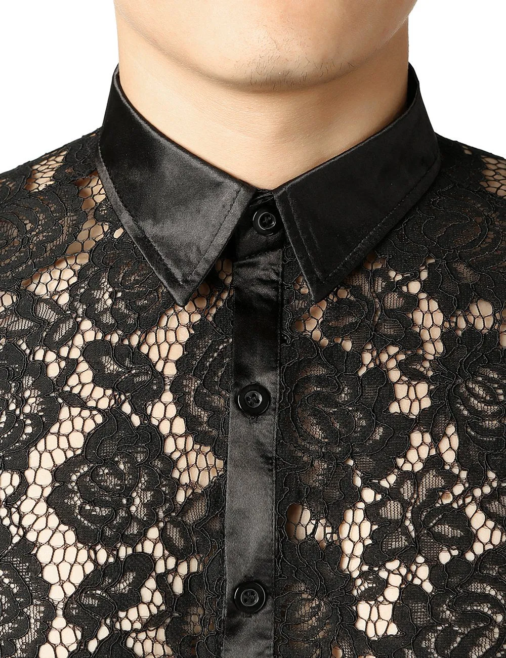 JOGAL Men's Sexy See Through Lace Clubwear Long Sleeve Button Down C