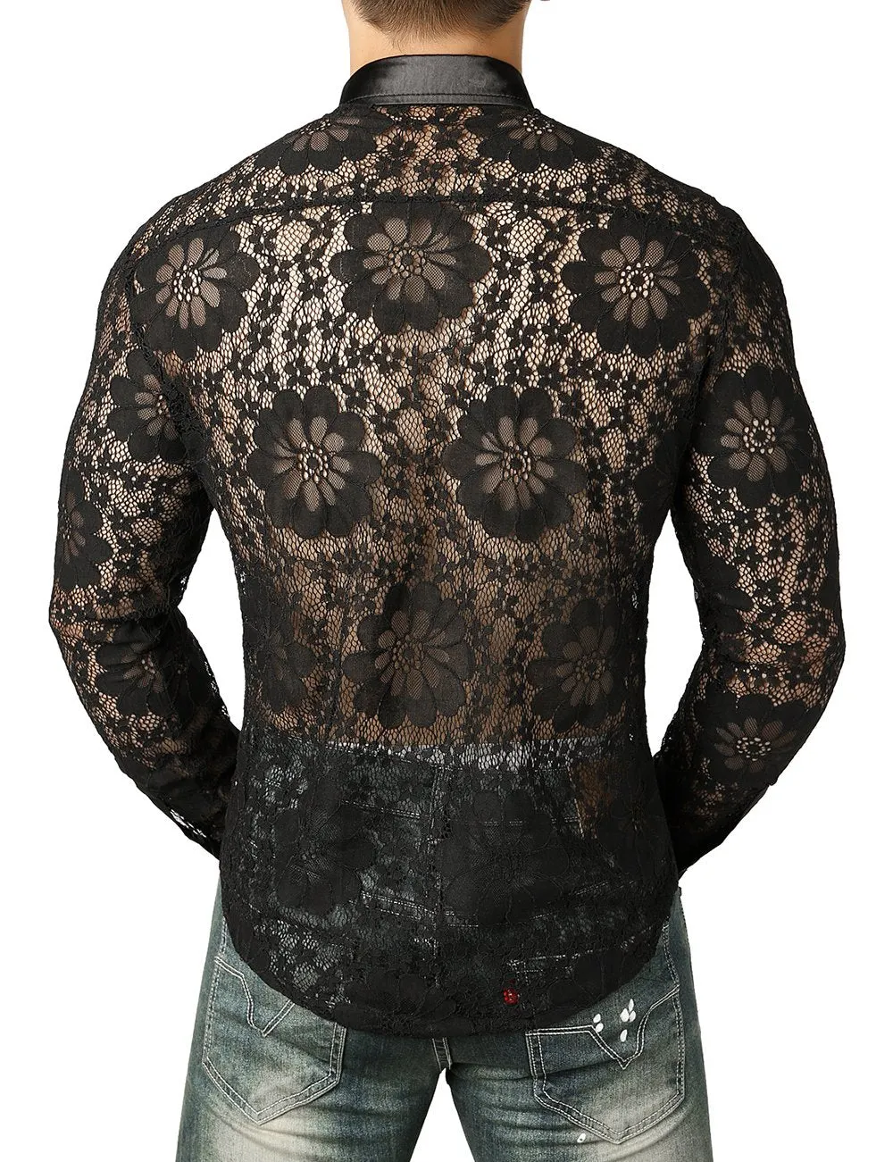 JOGAL Men's Sexy See Through Lace Clubwear Long Sleeve Button Down C