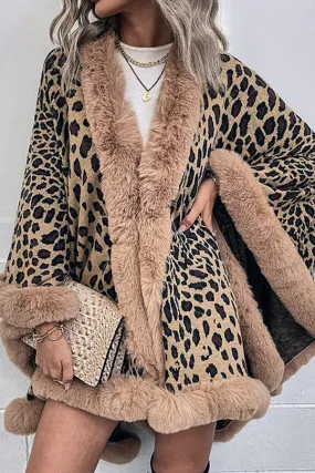 Leopard Print Fashionable Raw Edge Shawl Cape Cardigan