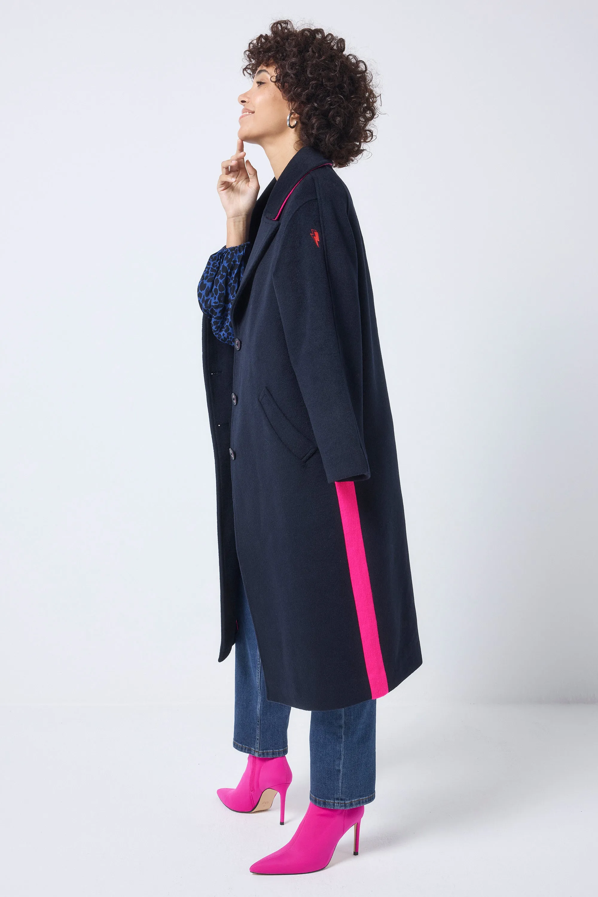 Navy with Neon Pink Wool Blend Coat