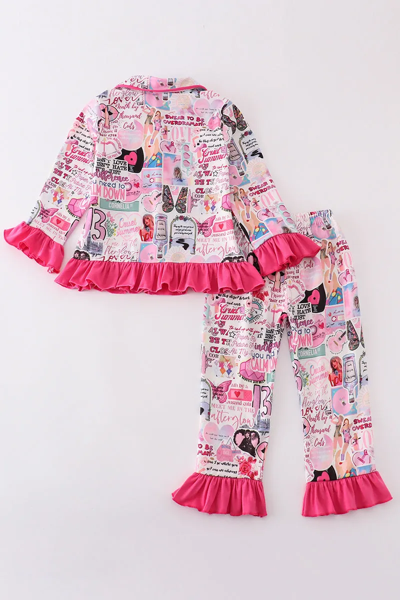 Pink music fan print girl pajamas set