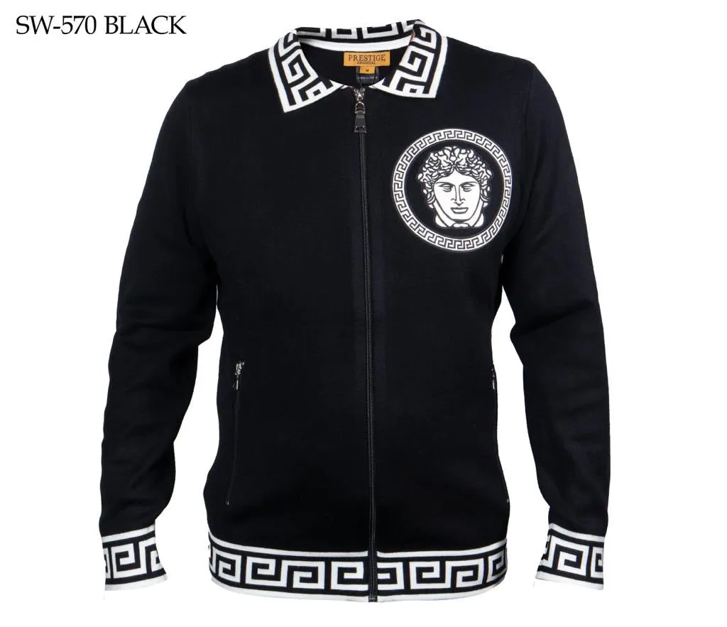 Prestige Black Men's Polo Sweater with White Leather Medusa Zip Up Jacket