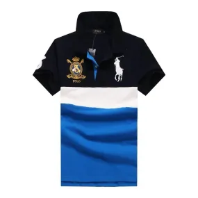 PRL Classic Striped Big Pony Rugby Logo Shirt- White Navy Blue Royal Blue