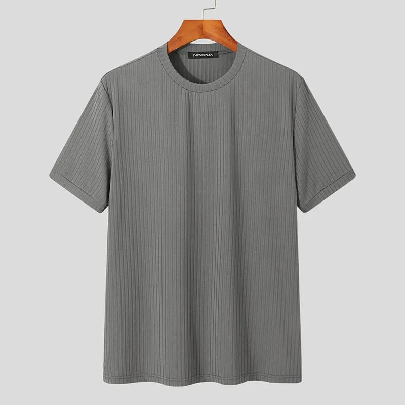 Riolio Fashion Casual Style New Men O-Neck Design Niche Camiseta Stylish Striped Solid Comfortable Short-sleeved T-shirts S-5XL