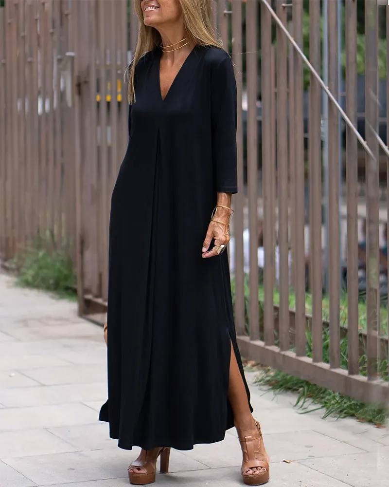 Solid Color Long Sleeve V-Neck Comfy Dresses