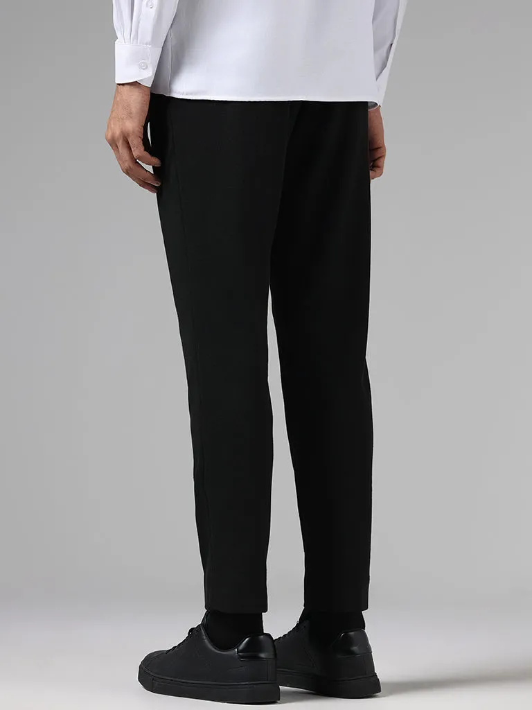 WES Formals Solid Black Slim-Fit Mid-Rise Trousers