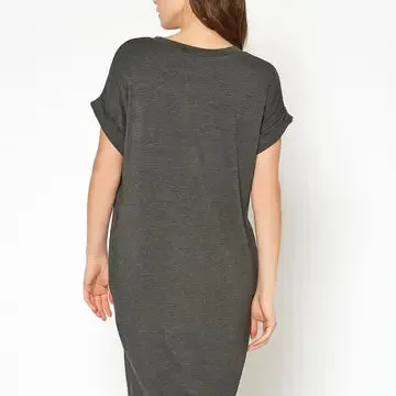 Women's V Neck T-Shirt Dress, Grey Color, Brushed Rolled Short Sleeve, With Pockets